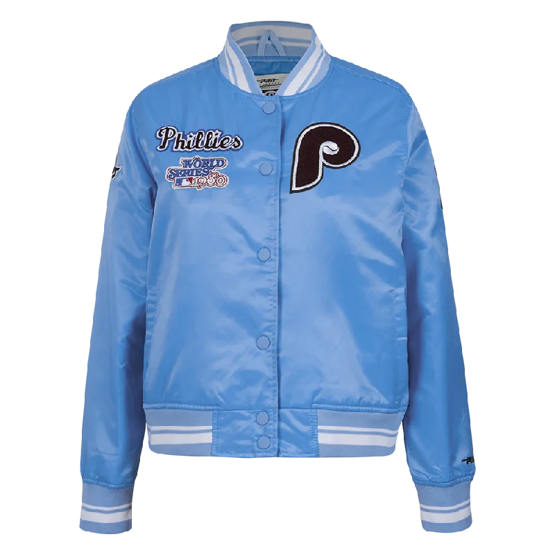 Leather-Paneled JacketsMLB PHILADELPHIA PHILLIES RETRO CLASSIC WOMEN'S RIB SATIN JACKET (UNIVERSITY BLUE)