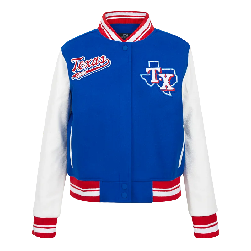 Mesh JacketsMLB TEXAS RANGERS SCRIPT TAIL WOMEN'S WOOL VARSITY JACKET (ROYAL BLUE/RED)