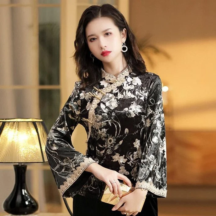 Puffer JacketsMandarin Sleeve Floral Velvet Women's Chinese Jacket Cheongsam Top