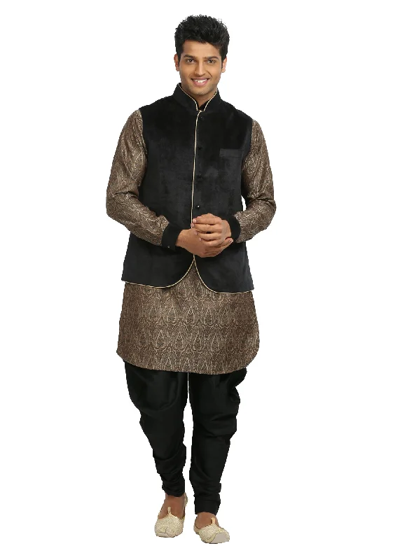 Insulated JacketsMen's Sandstone & Black Wedding Kurta Pajama with Jacket