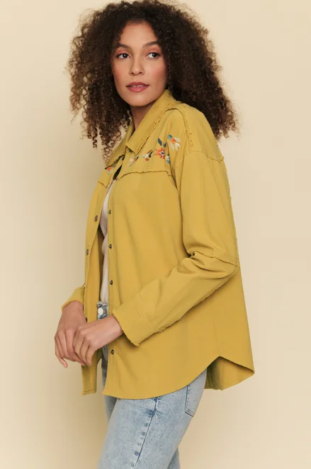 Varsity JacketsMystree Women's Embroidery Yoke Shirt Jacket - Mustard