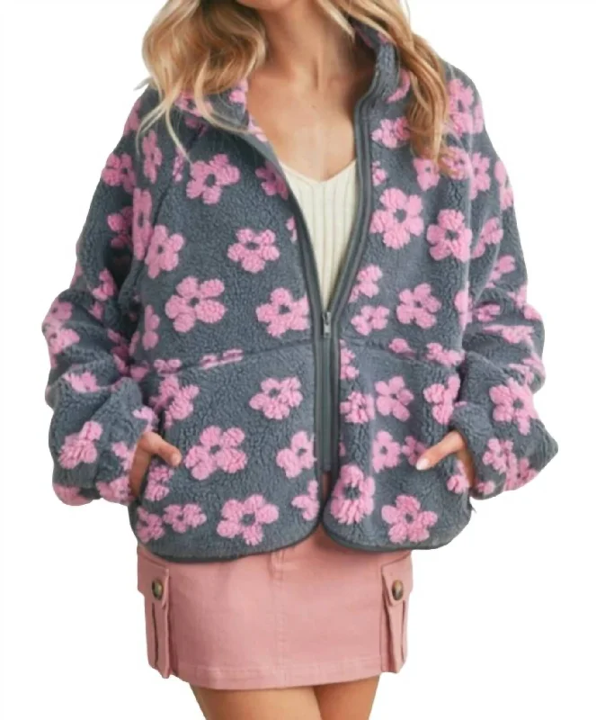 Sports Team JacketsStand Up Collar Soft Fabric Daisy Jacket In Grey Pink