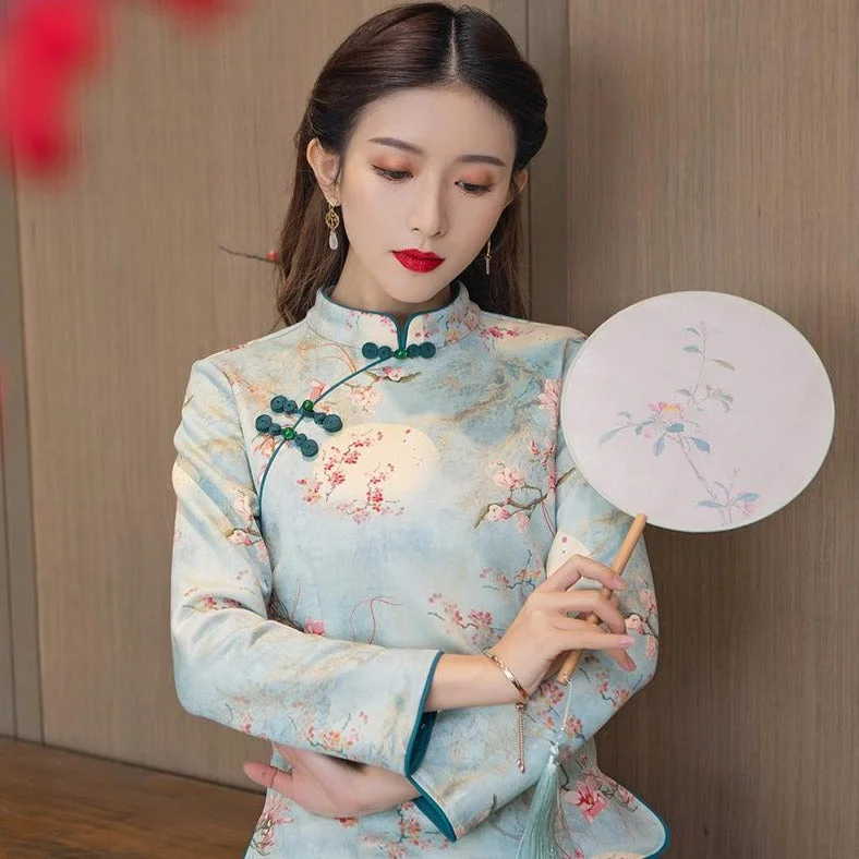 BlazersThick Floral Suede Cheongsam Top Retro Chinese Jacket