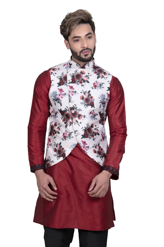 Asymmetrical JacketsStylish White Multi Floral Print Nehru Kurta Jacket for Men