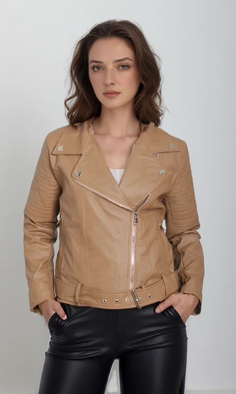 Branded JacketsWomen leather jacket -Belt on Hem (Café)