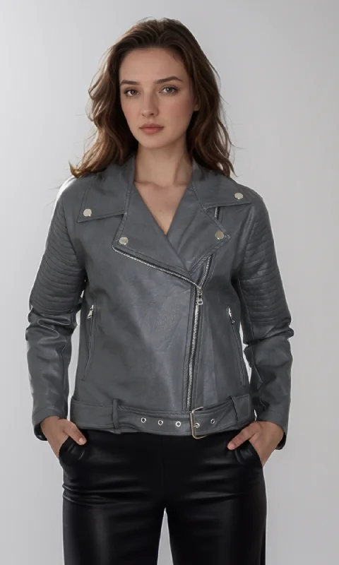 College JacketsWomen leather jacket -Belt on Hem (Grey)