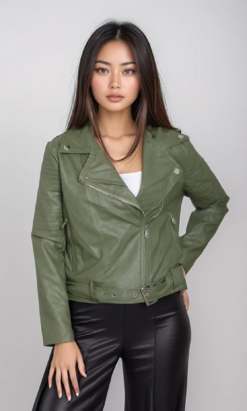 Sports Team JacketsWomen leather jacket -Belt on Hem (Oil Green)