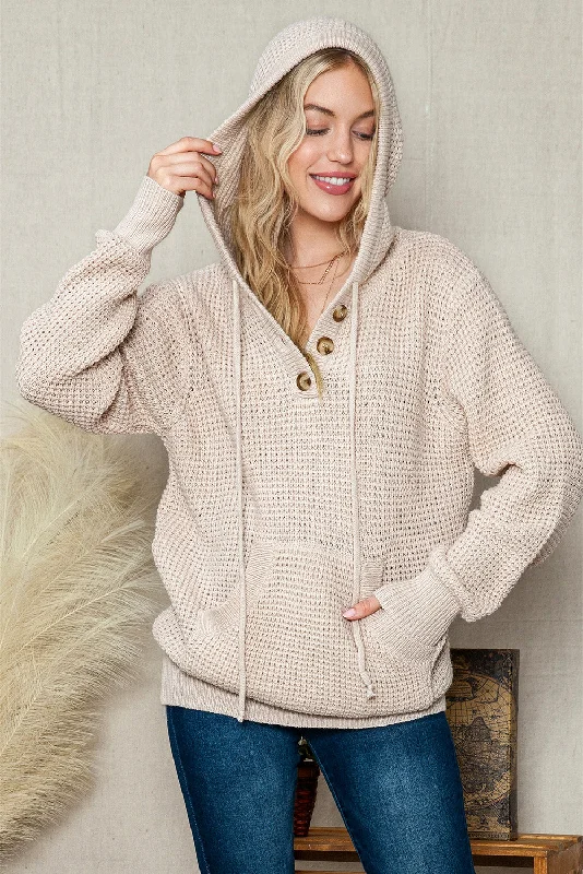 Fitted Knit TopsApricot Buttons Pocket Cable Knit Hooded Sweater