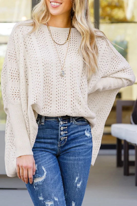 Off-Shoulder Knit TopsBeige Eyelet Batwing Sleeve Knit Sweater