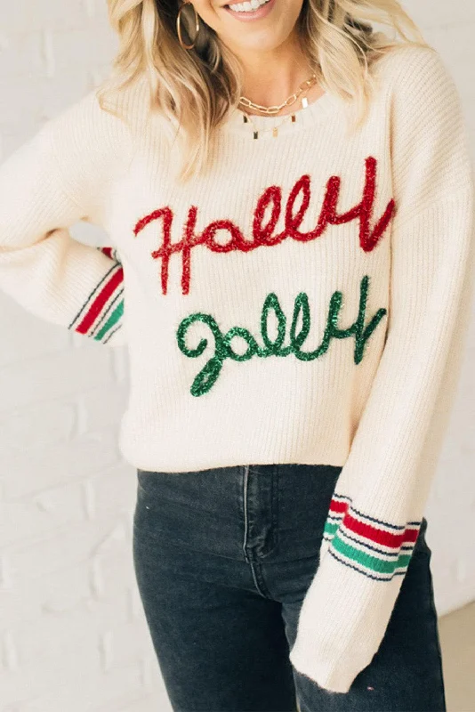 Boat Neck Knit TopsBeige Tinsel Holly Jolly Graphic Round Neck Sweater