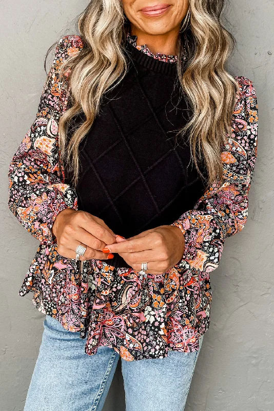 Scoop Neck Knit TopsBlack Cable Knit Contrast Floral Sleeve Peplum Sweater