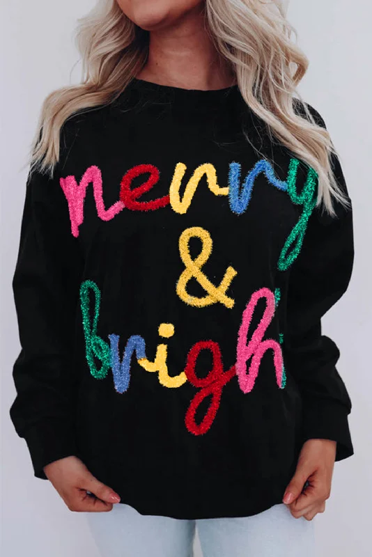 V-Neck Knit TopsBlack Colorful Merry & Bright Tinsel Graphic Sweater