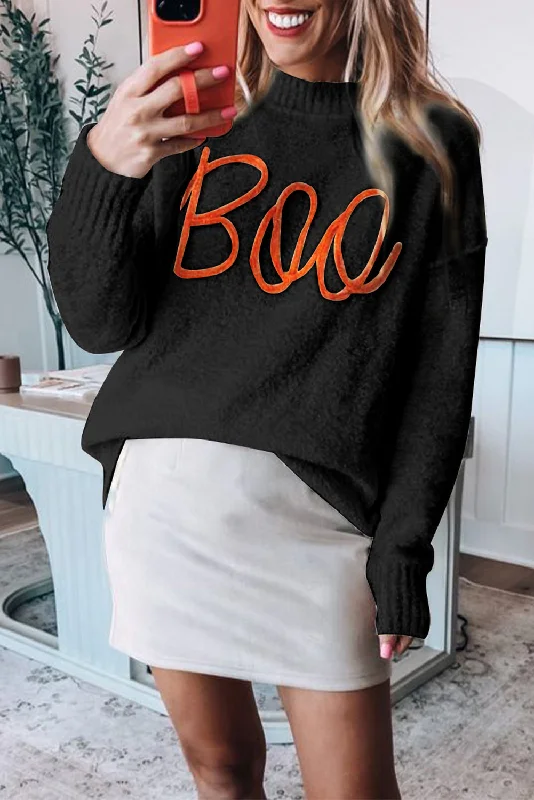 Graphic Knit TopsBlack Halloween Boo Drop Shoulder Knit Sweater