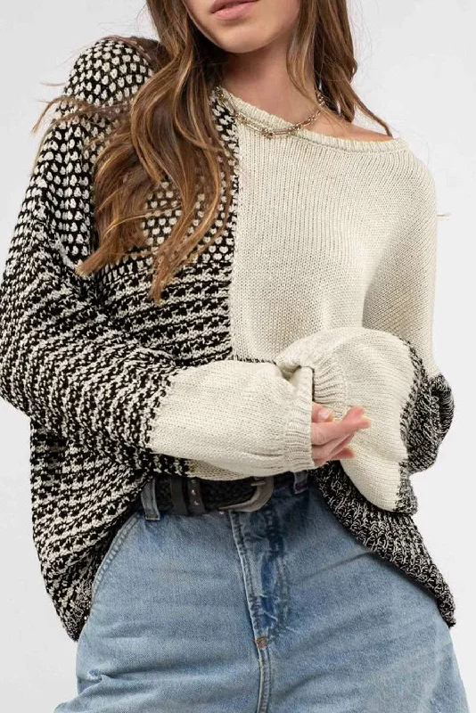 Ruffled Knit TopsBlack Patchwork Tie Back Drop Shoulder Knit Sweater