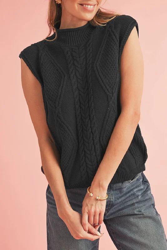 Leather-Paneled Knit TopsBlack Solid Color Dolman Sleeve Twist Cable Knit Top