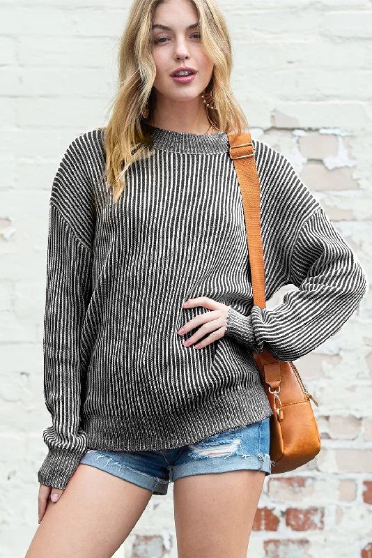 Painted Knit TopsBlack Stripe Ribbed Drop Shoulder Sweater