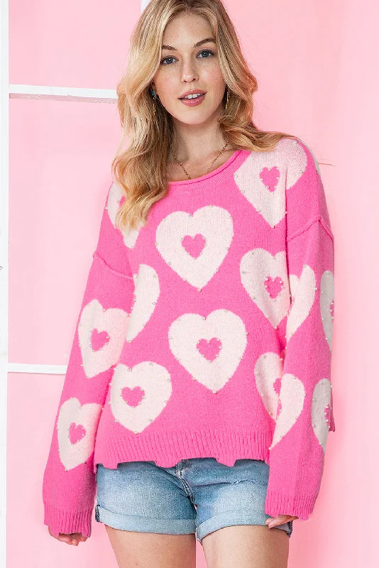 Ribbed Cuff Knit TopsBonbon Pearl Beaded Heart Drop Shoulder Sweater