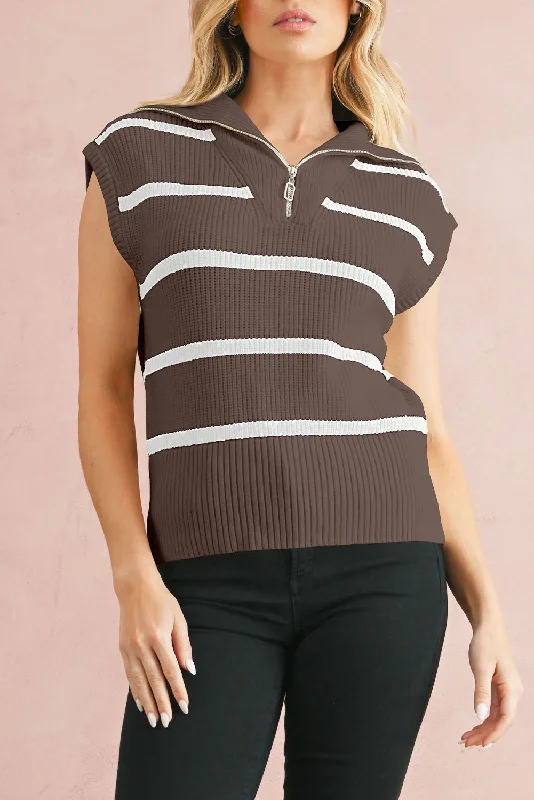 Limited Edition Knit TopsBrown Stripe Zipped Collar Cap Sleeve Knit Top