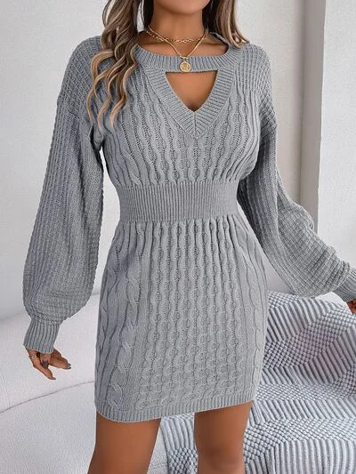 Layered Knit TopsCable-Knit Cutout Round Neck Slit Sweater