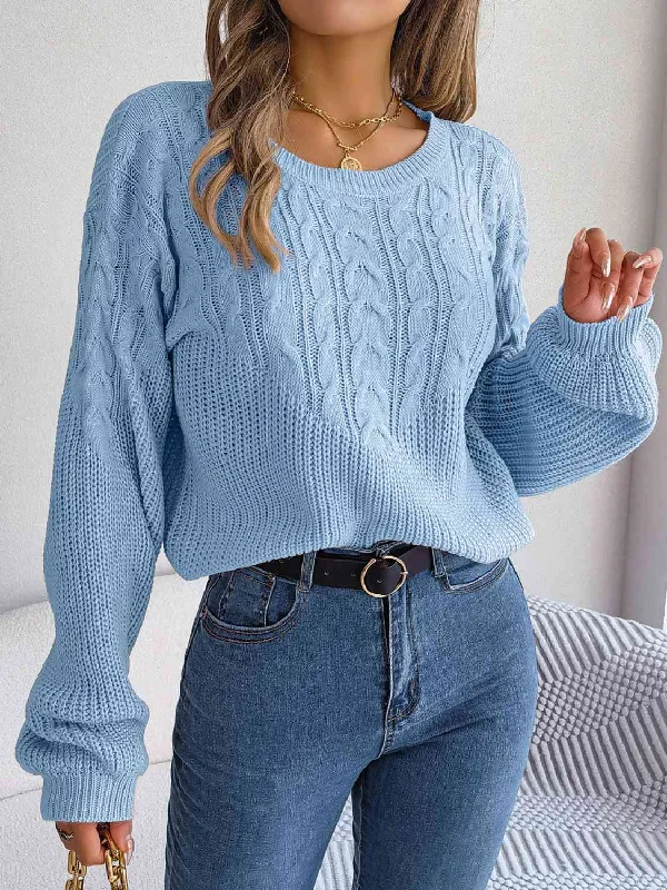 Beaded Knit TopsCable-Knit Round Neck Drop Shoulder Sweater