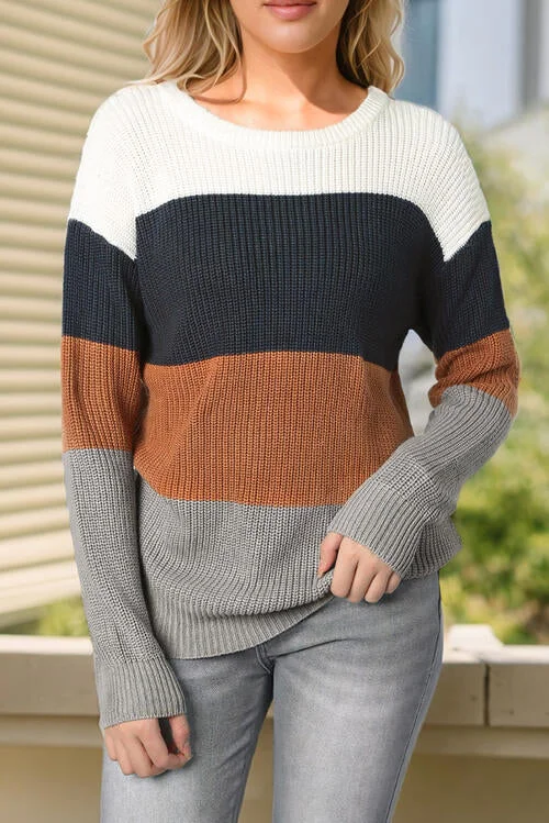 Urban Knit TopsColor Block Round Neck Sweater