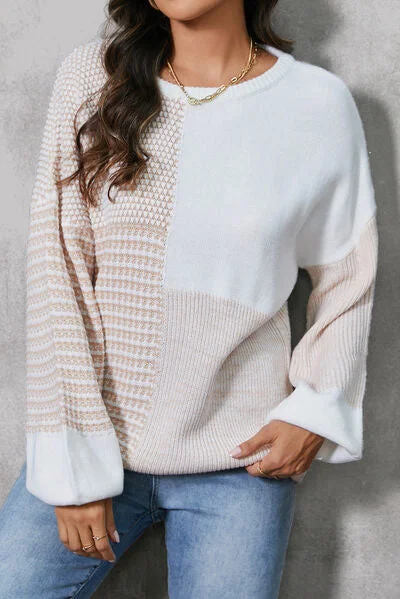 Sequined Knit TopsColor Block Tied Dropped Shoulder Sweater