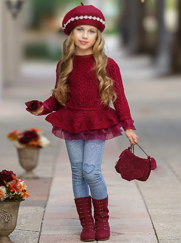 Asymmetrical Knit TopsCute As Pie Cranberry Cable Knit Tutu Sweater