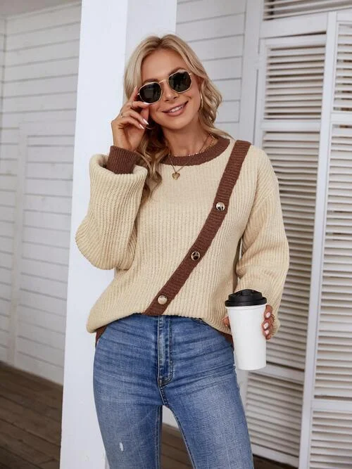 Retro Knit TopsDecorative Button Round Neck Sweater