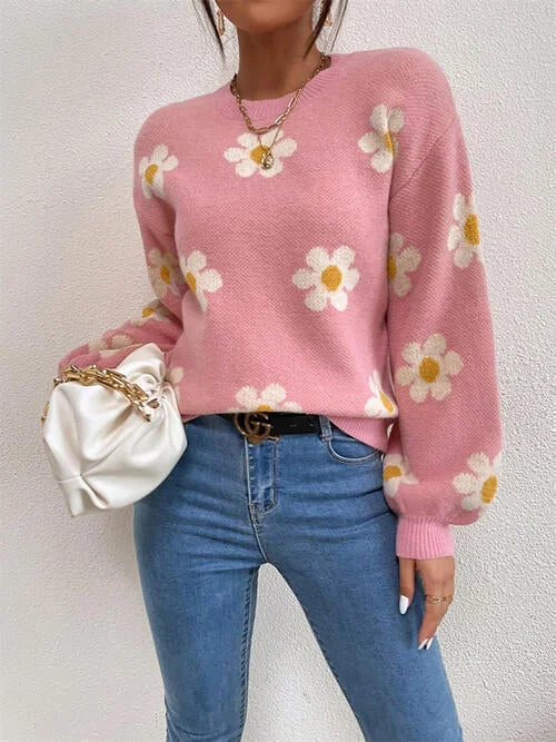 Silk Knit TopsFlower Round Neck Latern Sleeve Sweater