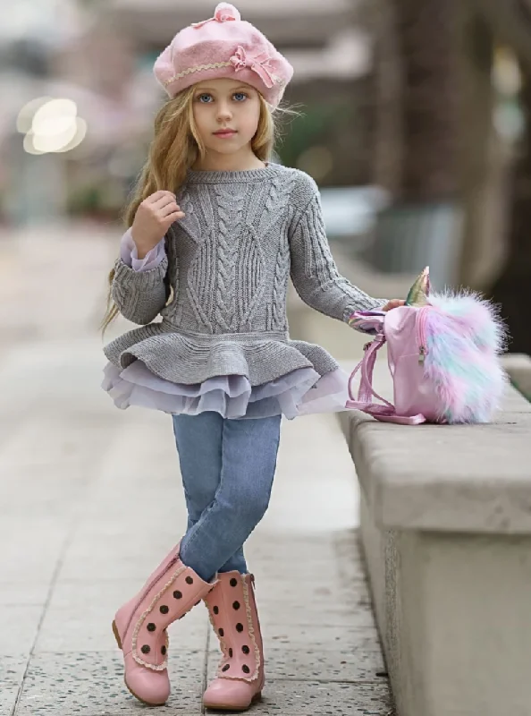 Plush Knit TopsCute As Pie Ashen Cable Knit Tutu Sweater