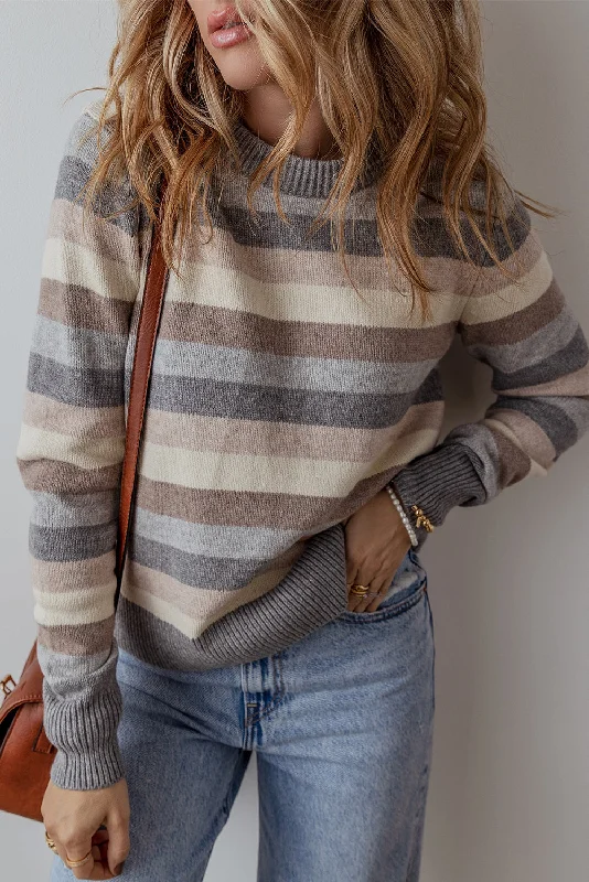 Hemp Knit TopsGray Striped Ribbed Edge Round Neck Sweater