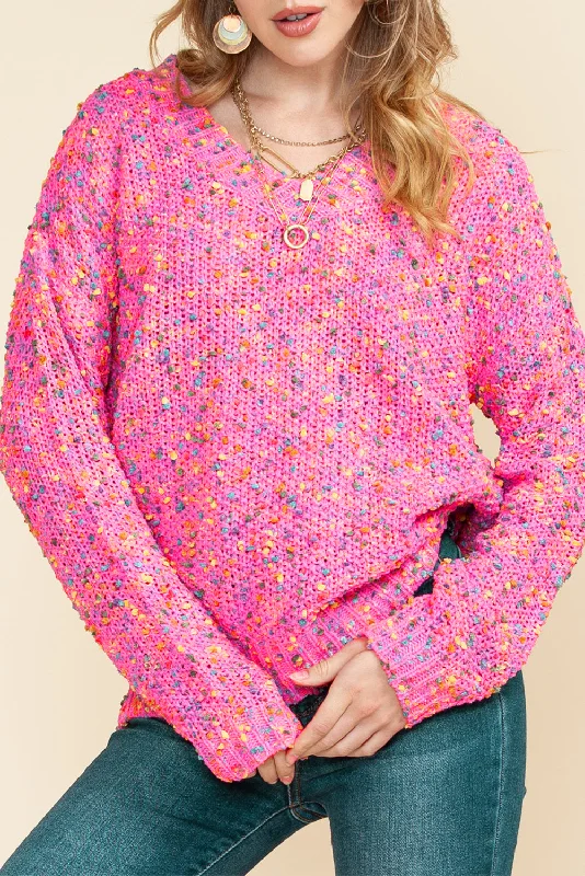 Metallic Knit TopsHot Pink Mixed Color Chunky Knit Sweater