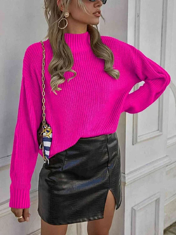 Glitter Knit TopsMock Neck Dropped Shoulder Sweater