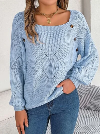 Designer Knit TopsOpenwork Buttoned Square Neck Sweater