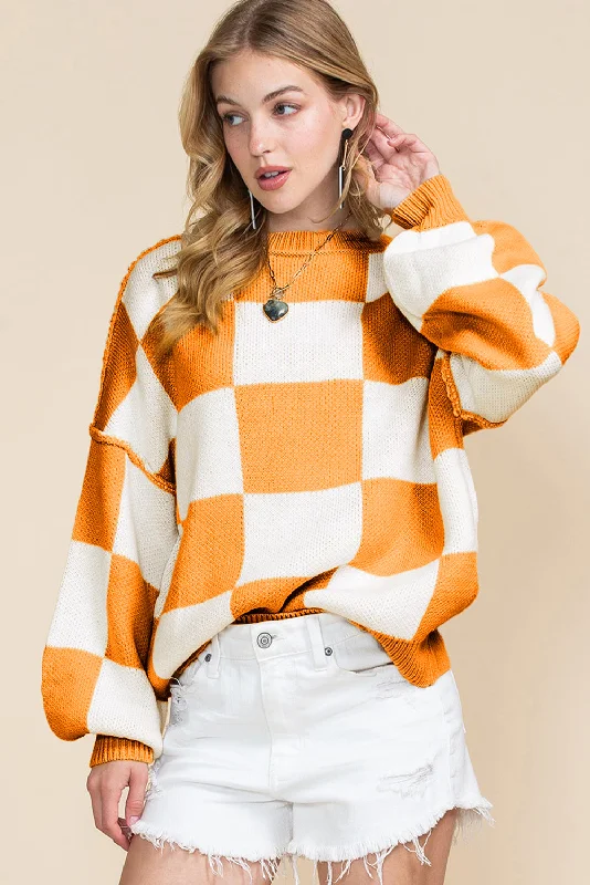 Alpaca Knit TopsOrange & White Plaid Exposed Seam Bishop Sleeve Sweater