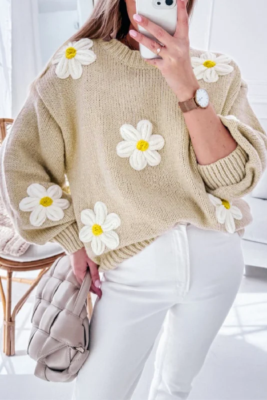 Colorblock Knit TopsParchment 3D Flower Drop Sleeve Loose Sweater