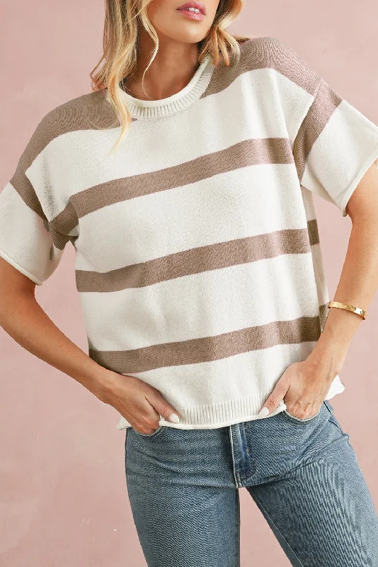 Striped Knit TopsPink Stripe Drop Sleeve Lightweight Knitted Top