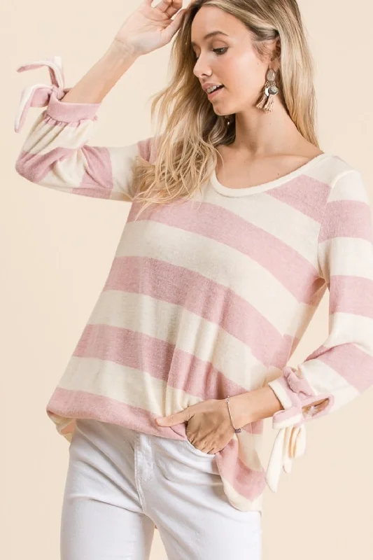 Angora Knit TopsReborn J Ribbon Cuff Contrast Striped Hacci Top