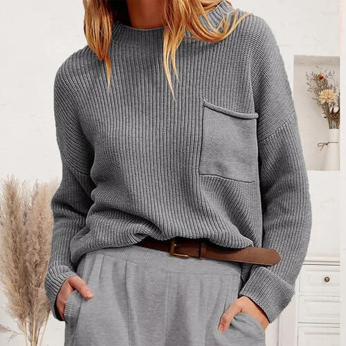 Mohair Knit TopsRibbed Dropped Shoulder Sweater with Pocket