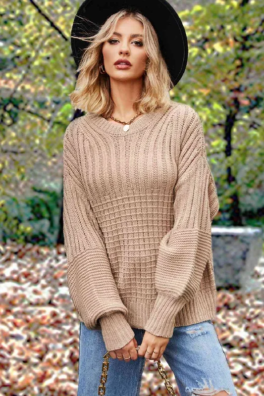 Metallic Knit TopsRound Neck Lantern Sleeve Sweater