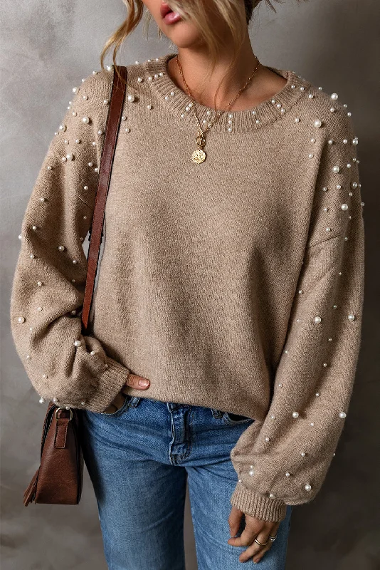 Cable Knit TopsSmoke Gray Pearl Drop Shoulder Round Neck Sweater