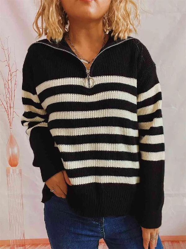 Sheer Knit TopsStriped Half Zip Collared Sweater