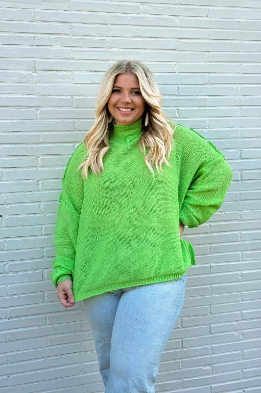 Fall Knit TopsNeon Green Mock Neck Exposed Seam Top