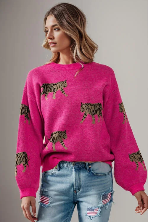 Layered Knit TopsTiger Pattern Round Neck Drop Shoulder Sweater