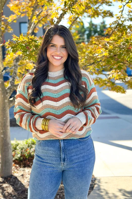 Zippered Knit TopsRust and Mocha Wavy Striped Sweater