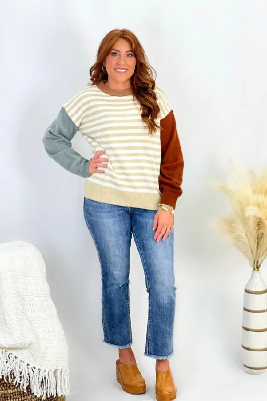 Asymmetrical Knit TopsTaupe and White Color Block Stripe Sweater