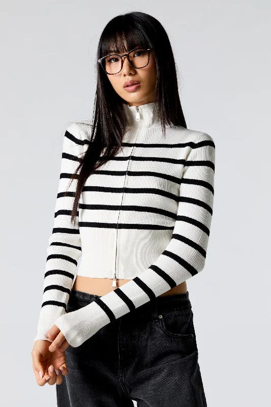 V-Neck Knit TopsStriped Ribbed Knit Zip-Up Mock Neck Sweater