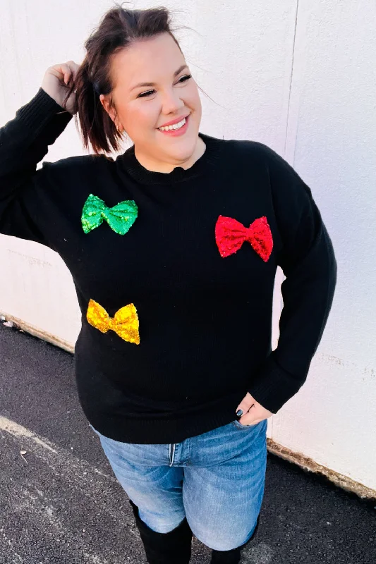 Hunting Knit TopsBe Merry Black Multicolor Sequin Bow Knit Sweater