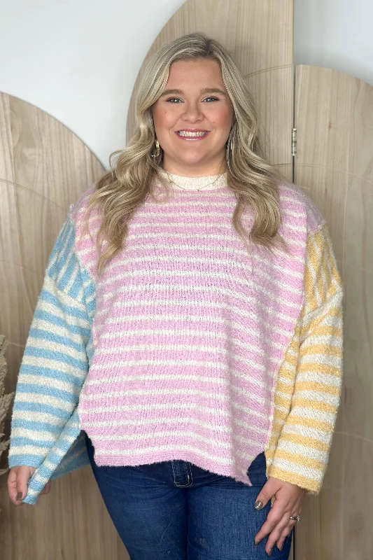 Yoga Knit TopsPink and Blue and Yellow Color Block Stripe Sweater