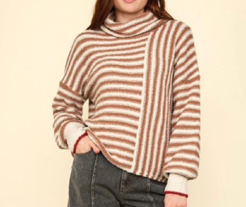 Fringed Knit TopsMock neck Soft knit striped sweater